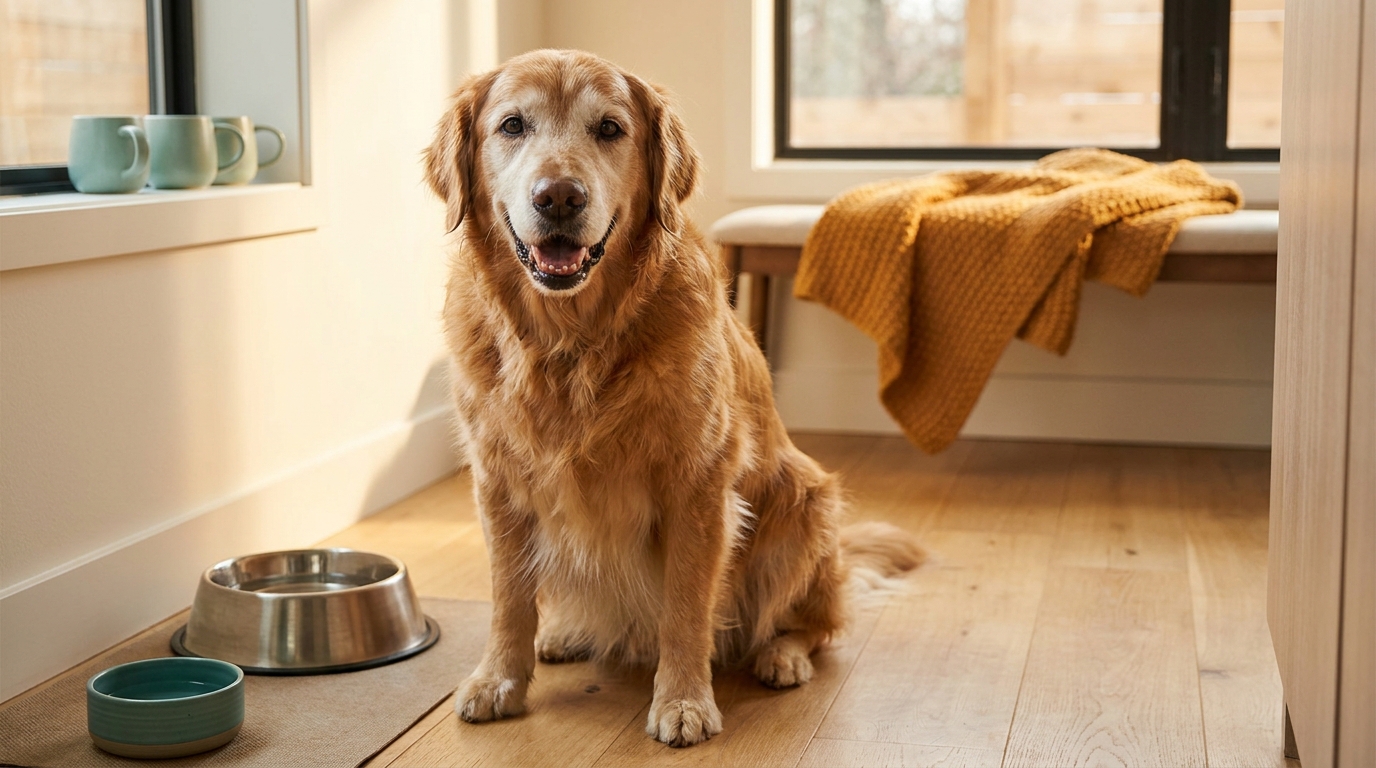 Happy senior golden retriever with healthy teeth beside a water bowl